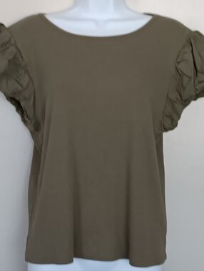 a.new day Womem's Puff Sleeve Top Army Green Color Round Neck Sz XL.   NWOT